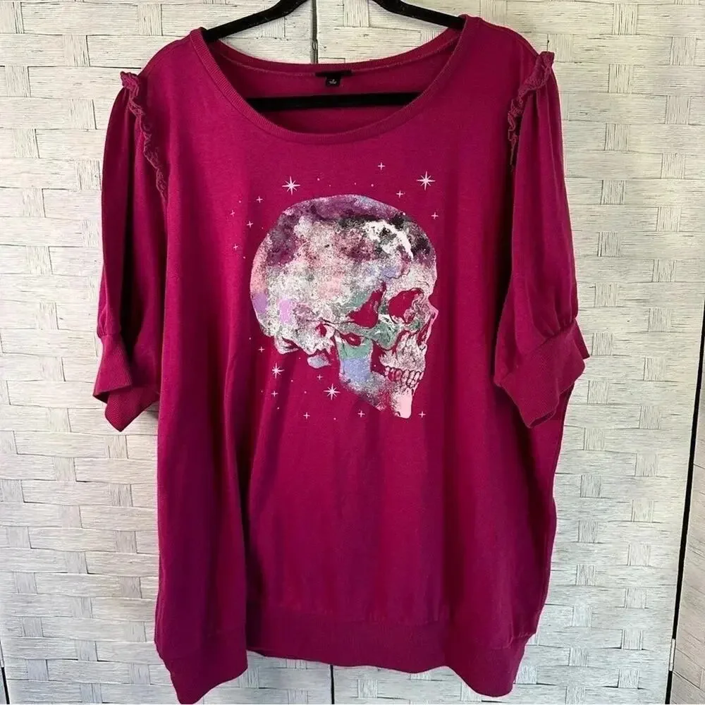 Torrid sweatshirt Graphic skull whimsiGoth ruffles Short Sleeve  plus size - Picture 5 of 12